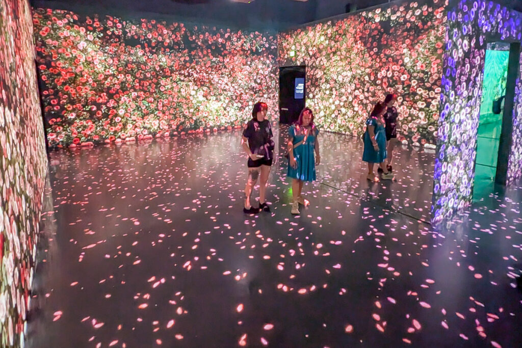 Rose and flower projections covering the walls and floor inside an immersive room at Arte Museum Las Vegas.
